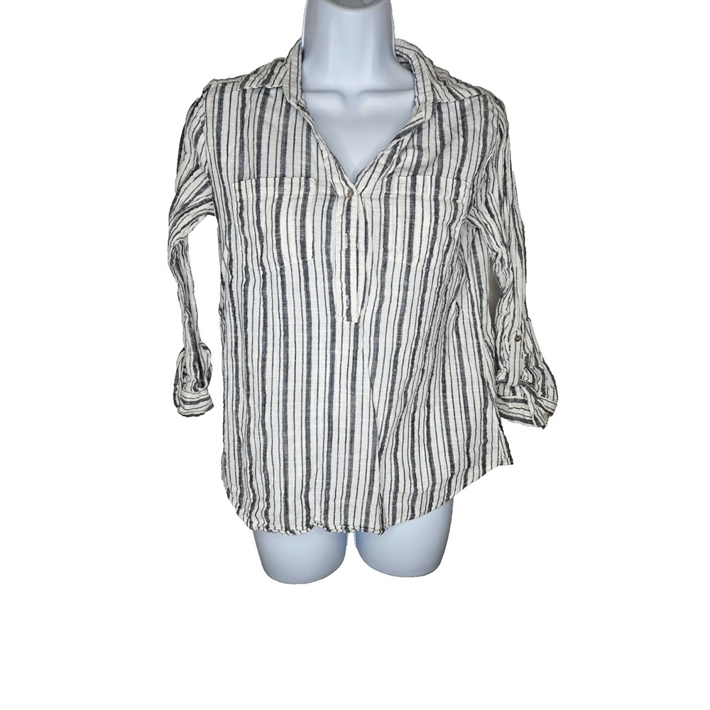 Emily D Womens Small Striped Cotton Lurex Button Shirt Roll Tab Boho‎